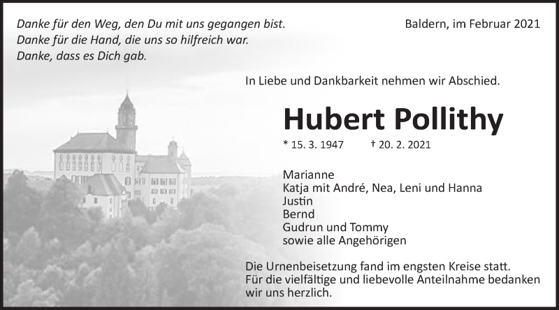  Traueranzeige für Hubert Pollithy vom 06.03.2021 aus Schwäbische Post