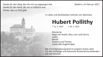 Traueranzeige von Hubert Pollithy von Schwäbische Post