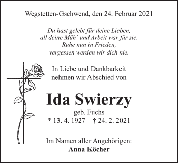 Traueranzeige von Ida Swierzy von Kocher-Lein-Bote