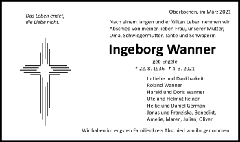 Traueranzeige von Ingeborg Wanner von Schwäbische Post