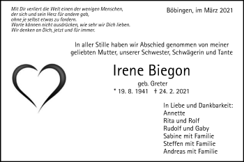Traueranzeige von Irene Biegon von Gmünder Tagespost