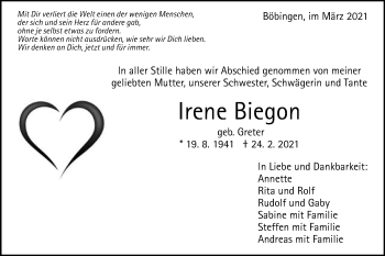 Traueranzeige von Irene Biegon