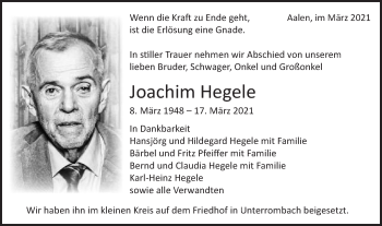 Traueranzeige von Joachim Hegele von Schwäbische Post