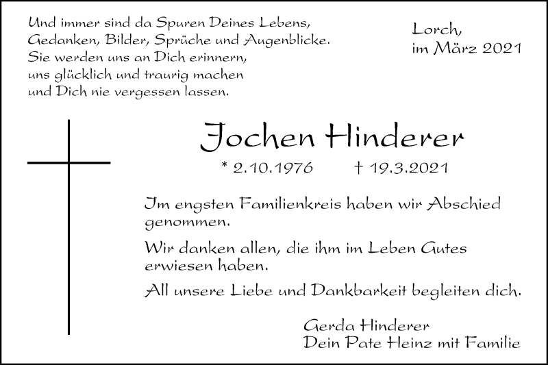  Traueranzeige für Jochen Hinderer vom 30.03.2021 aus Gmünder Tagespost