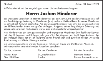 Traueranzeige von Jochen Hinderer von Gmünder Tagespost