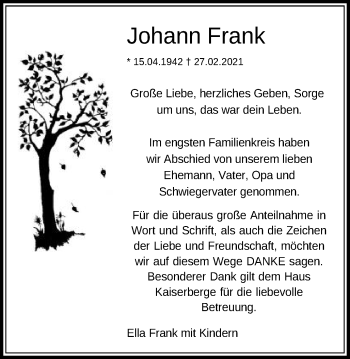 Traueranzeige von Johann Frank von Gmünder Tagespost