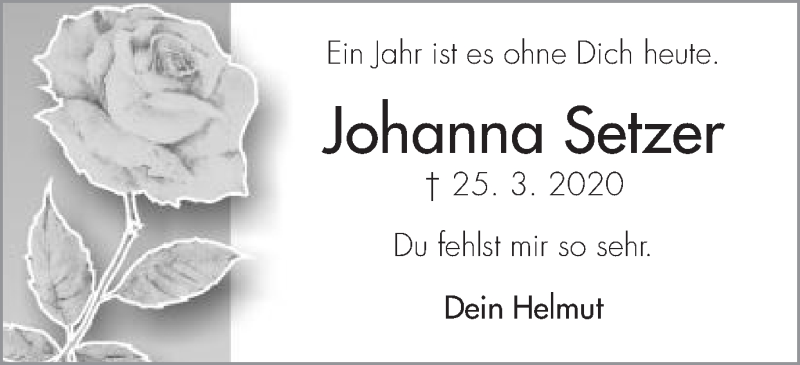  Traueranzeige für Johanna Setzer vom 25.03.2021 aus Schwäbische Post