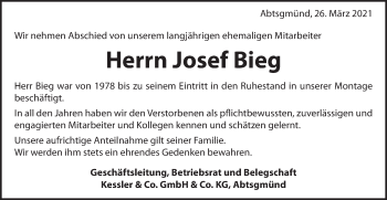 Traueranzeige von Josef Bieg von Schwäbische Post