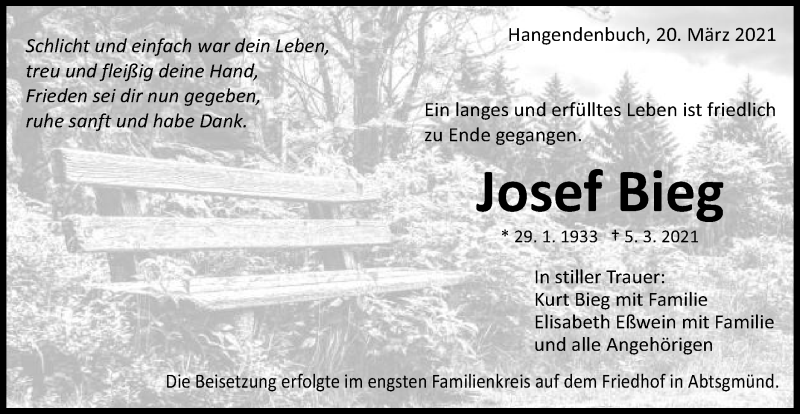  Traueranzeige für Josef Bieg vom 20.03.2021 aus Schwäbische Post