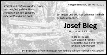 Traueranzeige von Josef Bieg von Schwäbische Post