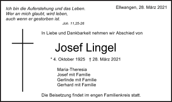 Traueranzeige von Josef Lingel von Schwäbische Post