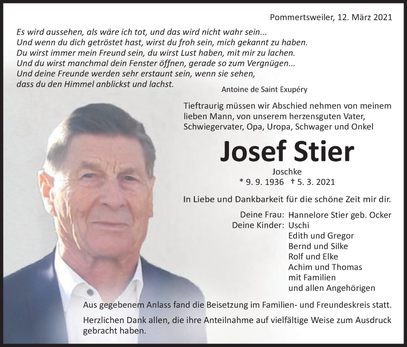  Traueranzeige für Josef Stier vom 12.03.2021 aus Schwäbische Post
