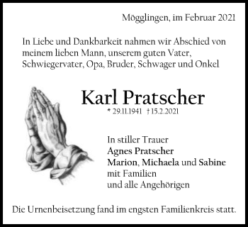 Traueranzeige von Karl Pratscher von Gmünder Tagespost