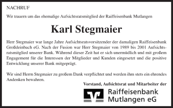 Traueranzeige von Karl Stegmaier von Gmünder Tagespost