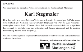 Traueranzeige von Karl Stegmaier