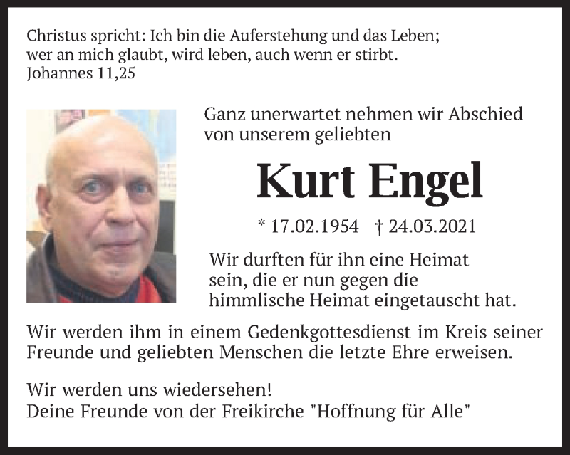  Traueranzeige für Kurt Engel vom 30.03.2021 aus Schwäbische Post