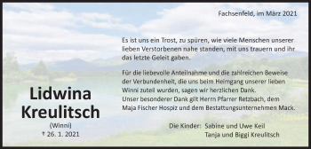 Traueranzeige von Lidwina Kreulitsch von Schwäbische Post