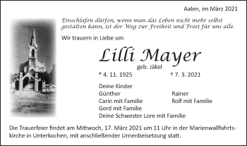 Traueranzeige von Lilly Mayer von Schwäbische Post