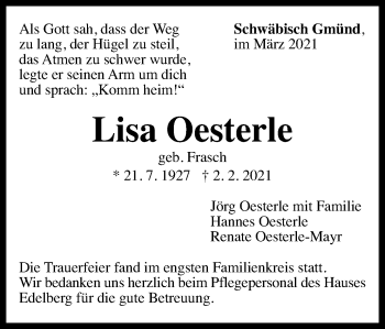 Traueranzeige von Lisa Oesterle von Gmünder Tagespost