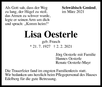 Traueranzeige von Lisa Oesterle