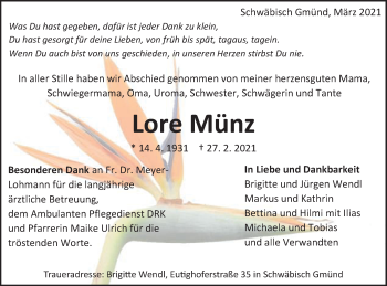 Traueranzeige von Lore Münz von Gmünder Tagespost