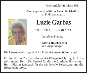 Traueranzeige von Luzie Garbas von Schwäbische Post