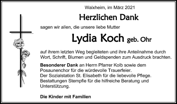 Traueranzeige von Lydia Koch von Schwäbische Post