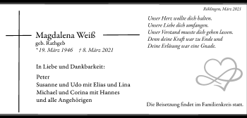 Traueranzeige von Magdalena Weiß von Schwäbische Post