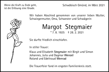 Traueranzeige von Margot Stegmaier von Gmünder Tagespost