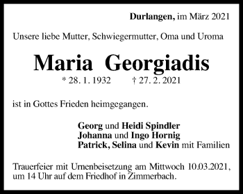 Traueranzeige von Maria Georgiadis von Gmünder Tagespost