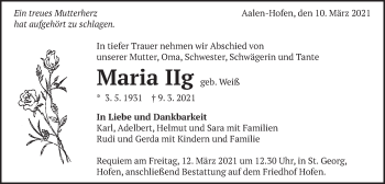 Traueranzeige von Maria Ilg von Schwäbische Post