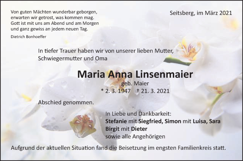  Traueranzeige für Maria Anna Linsenmaier vom 27.03.2021 aus Schwäbische Post