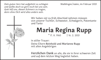Traueranzeige von Maria Regina Rupp von Schwäbische Post