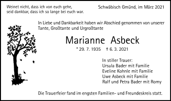 Traueranzeige von Marianne Asbeck von Gmünder Tagespost