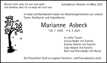 Traueranzeige von Marianne Asbeck