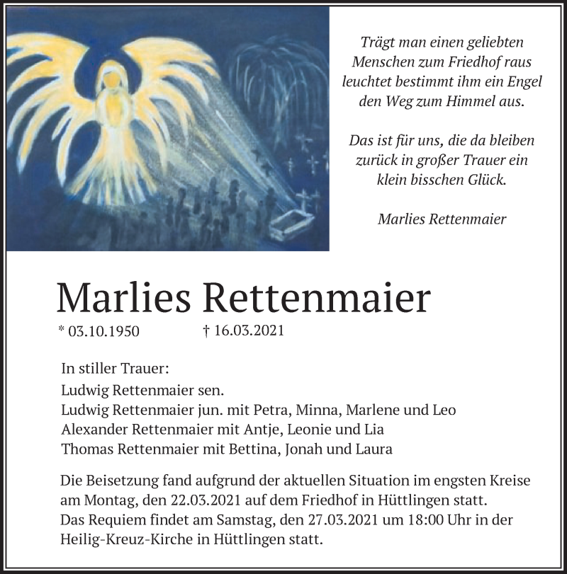 Traueranzeige für Marlies Rettenmaier vom 24.03.2021 aus Schwäbische Post