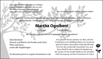 Traueranzeige von Martha Ognibeni von Schwäbische Post