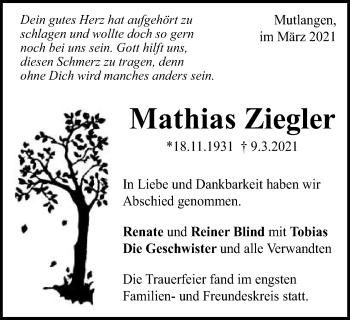 Traueranzeige von Mathias Ziegler von Gmünder Tagespost