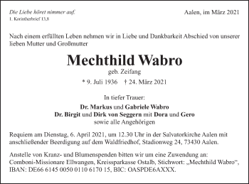 Traueranzeige von Mechthild Wabro von Schwäbische Post