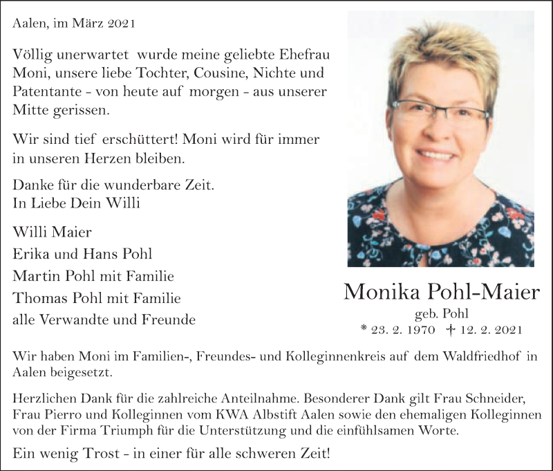  Traueranzeige für Monika Pohl-Maier vom 03.03.2021 aus Schwäbische Post
