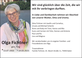 Traueranzeige von Olga Fichtner von Schwäbische Post