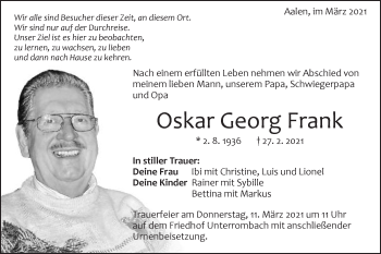 Traueranzeige von Oskar Georg Frank von Schwäbische Post