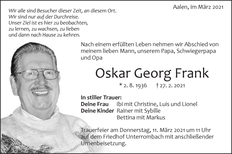  Traueranzeige für Oskar Georg Frank vom 06.03.2021 aus Schwäbische Post