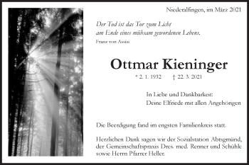 Traueranzeige von Ottmar Kieninger von Schwäbische Post