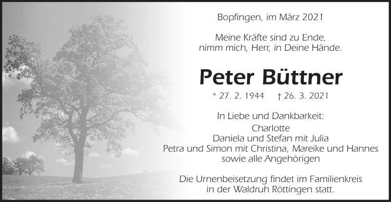  Traueranzeige für Peter Büttner vom 29.03.2021 aus Schwäbische Post