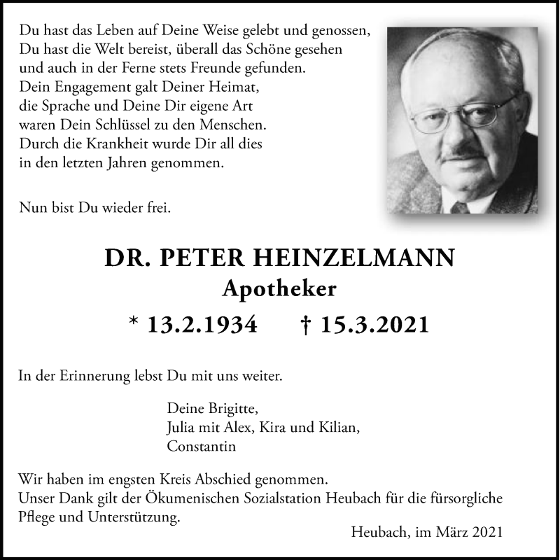  Traueranzeige für Peter Heinzelmann vom 20.03.2021 aus Gmünder Tagespost