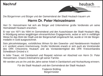Traueranzeige von Peter Heinzelmann von Gmünder Tagespost