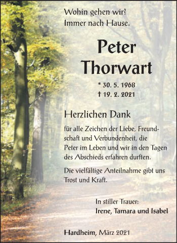 Traueranzeige von Peter Thorwart von Schwäbische Post