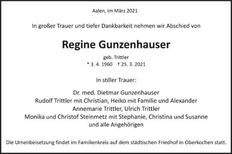  Traueranzeige für Regine Gunzenhauser vom 31.03.2021 aus Schwäbische Post