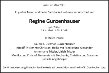Traueranzeige von Regine Gunzenhauser von Schwäbische Post